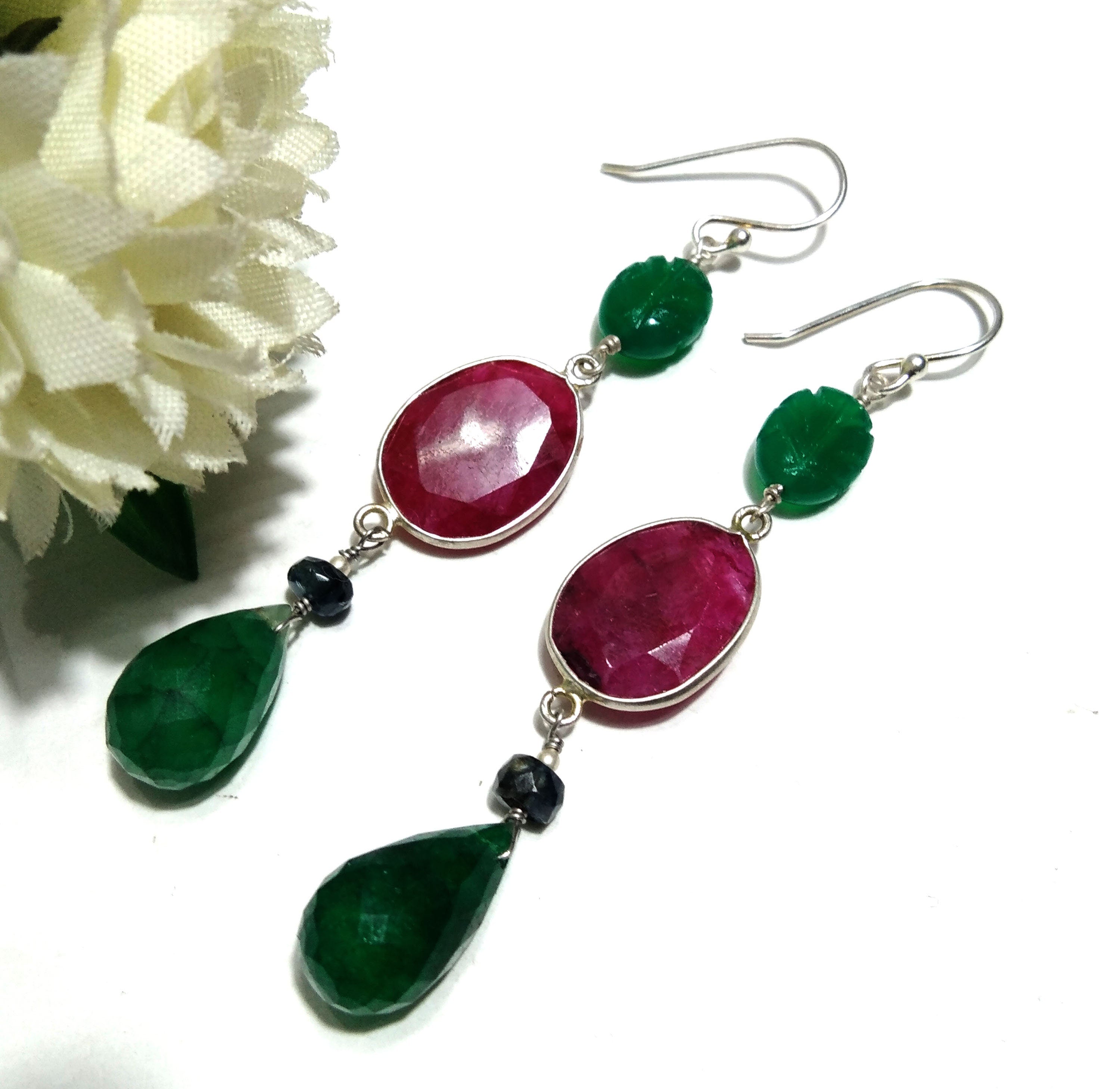 Red Ruby/Green Jade Earring, 925 Solid Starling Silver Earring, Amazing Ruby Stone Handmade Earring, Gift Women Christmas Earring Jewelry